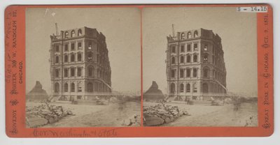 Stereograph of view of the First National Bank after the Chicago Fire of 1871 by American Photographer